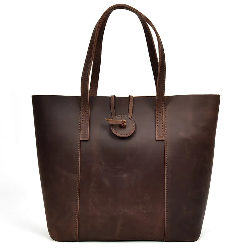 Women genuine crazy horse leather handbag clutch tote bag dark brown vertical square shape soft handle inner patch pocket 34x15x33cm