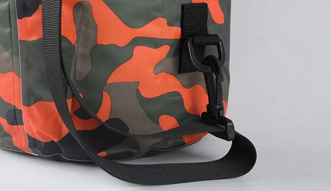 Outdoor waterproof camouflage polyester double shoulder backpack in green, with roll-top closure and foldable design