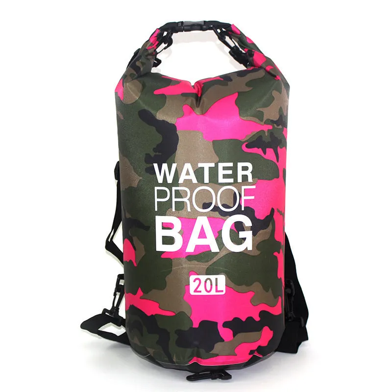 Outdoor waterproof camouflage polyester double shoulder backpack in green, with roll-top closure and foldable design