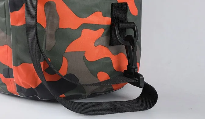 Outdoor waterproof camouflage polyester double shoulder backpack in green, with roll-top closure and foldable design