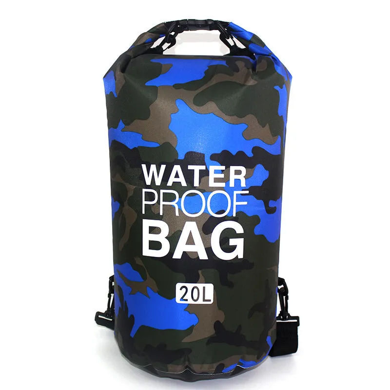 Outdoor waterproof camouflage polyester double shoulder backpack in green, with roll-top closure and foldable design