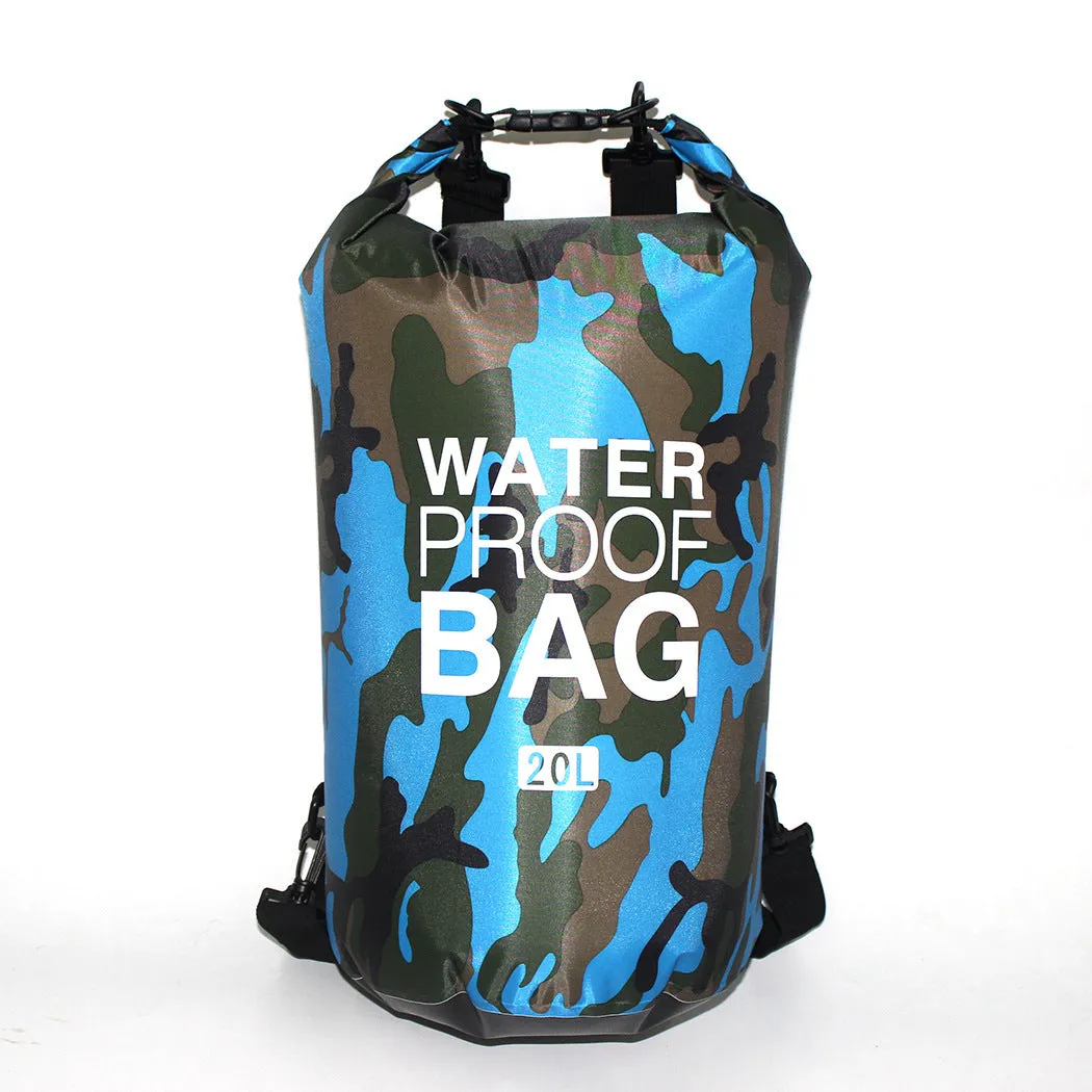 Outdoor waterproof camouflage polyester double shoulder backpack in green, with roll-top closure and foldable design