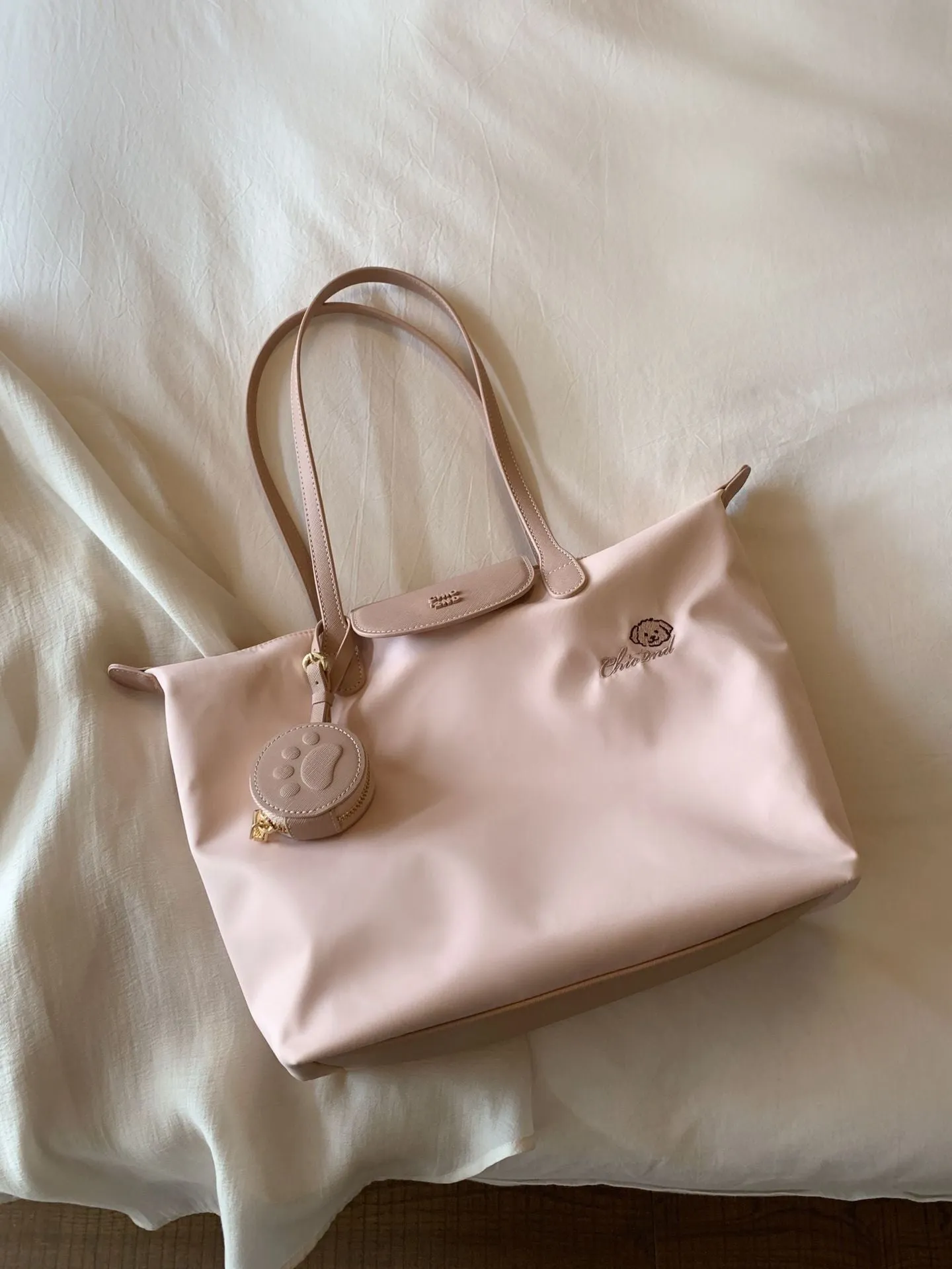 Oxford cloth tote shoulder bag with sandwich pockets in pink and beige colour options
