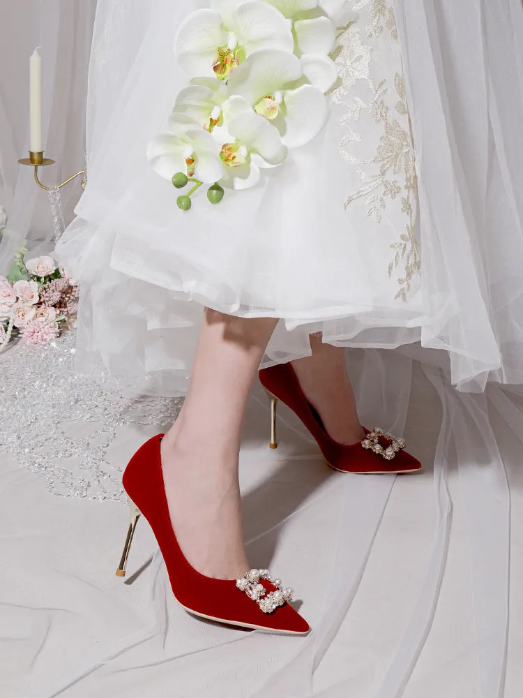 Wine red stiletto wedding shoes with pearl rhinestone detailing, shallow mouth opening, and sewn construction