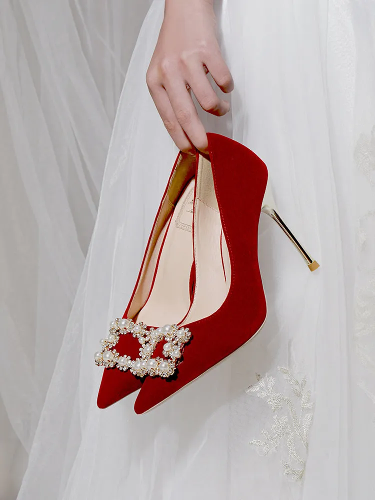 Wine red stiletto wedding shoes with pearl rhinestone detailing, shallow mouth opening, and sewn construction
