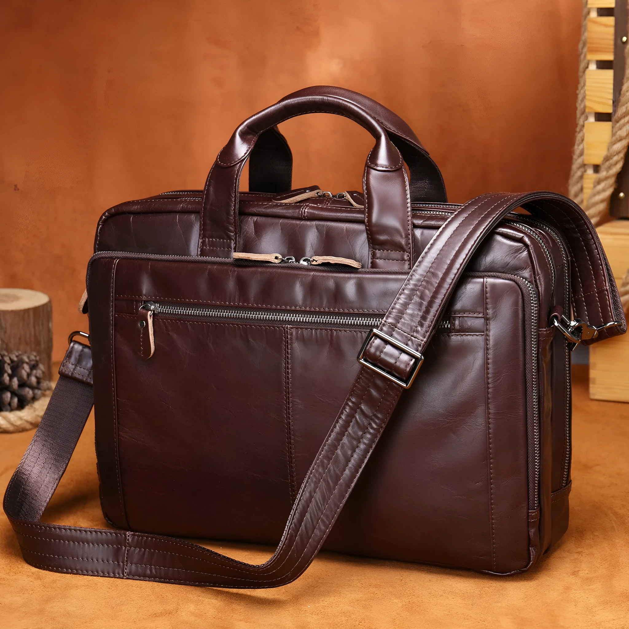 Men's hand-carrying genuine leather briefcase in coffee colour with retro styling for business travel