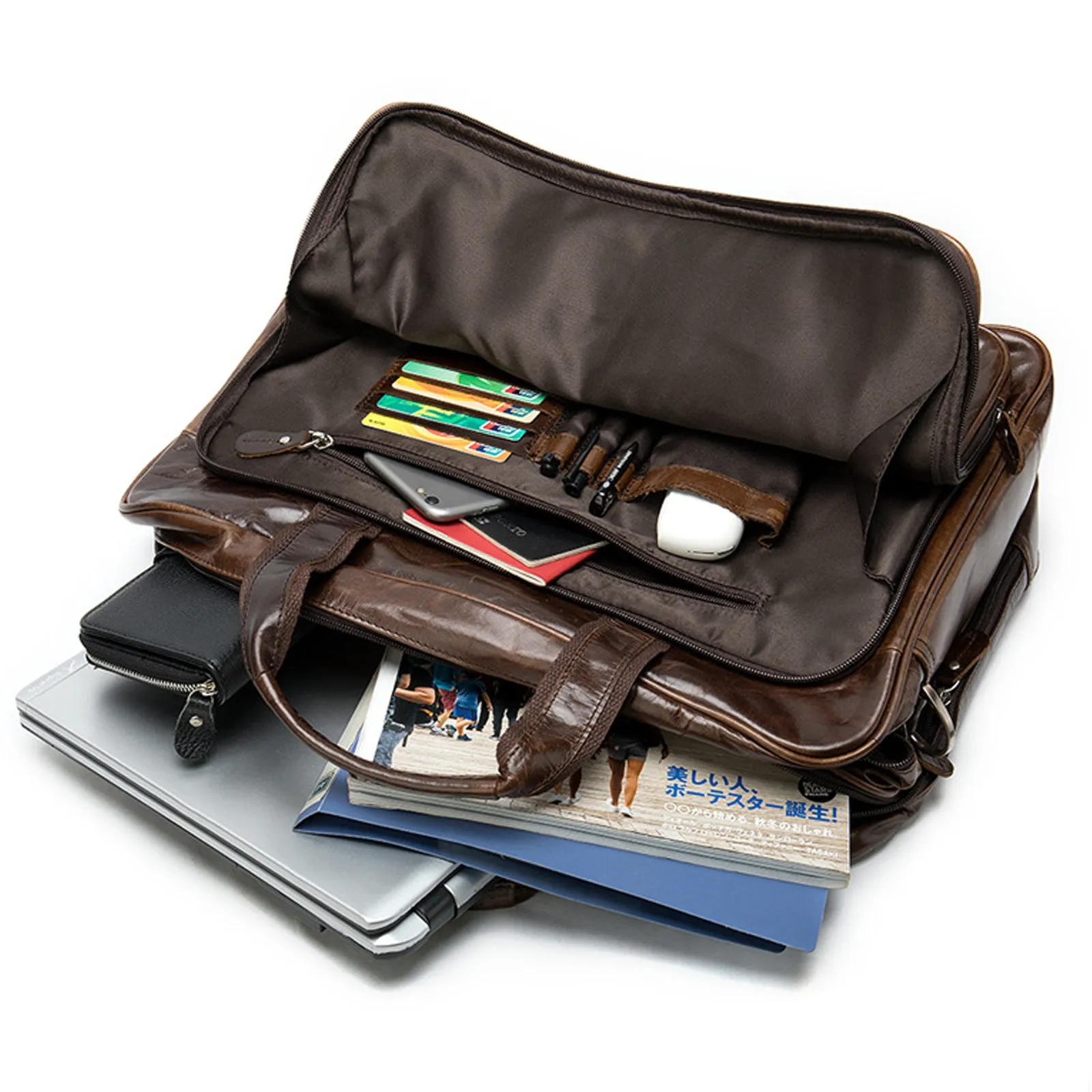Men's hand-carrying genuine leather briefcase in coffee colour with retro styling for business travel