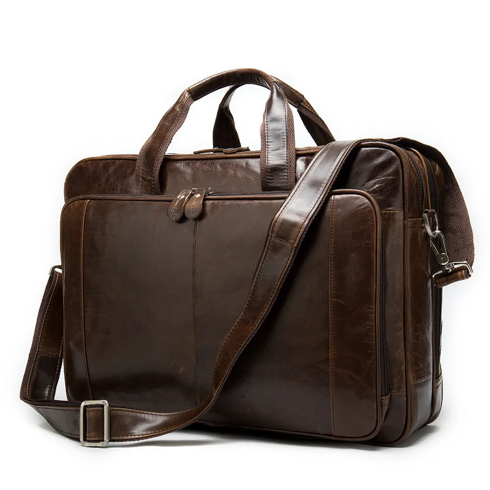 Men's hand-carrying genuine leather briefcase in coffee colour with retro styling for business travel