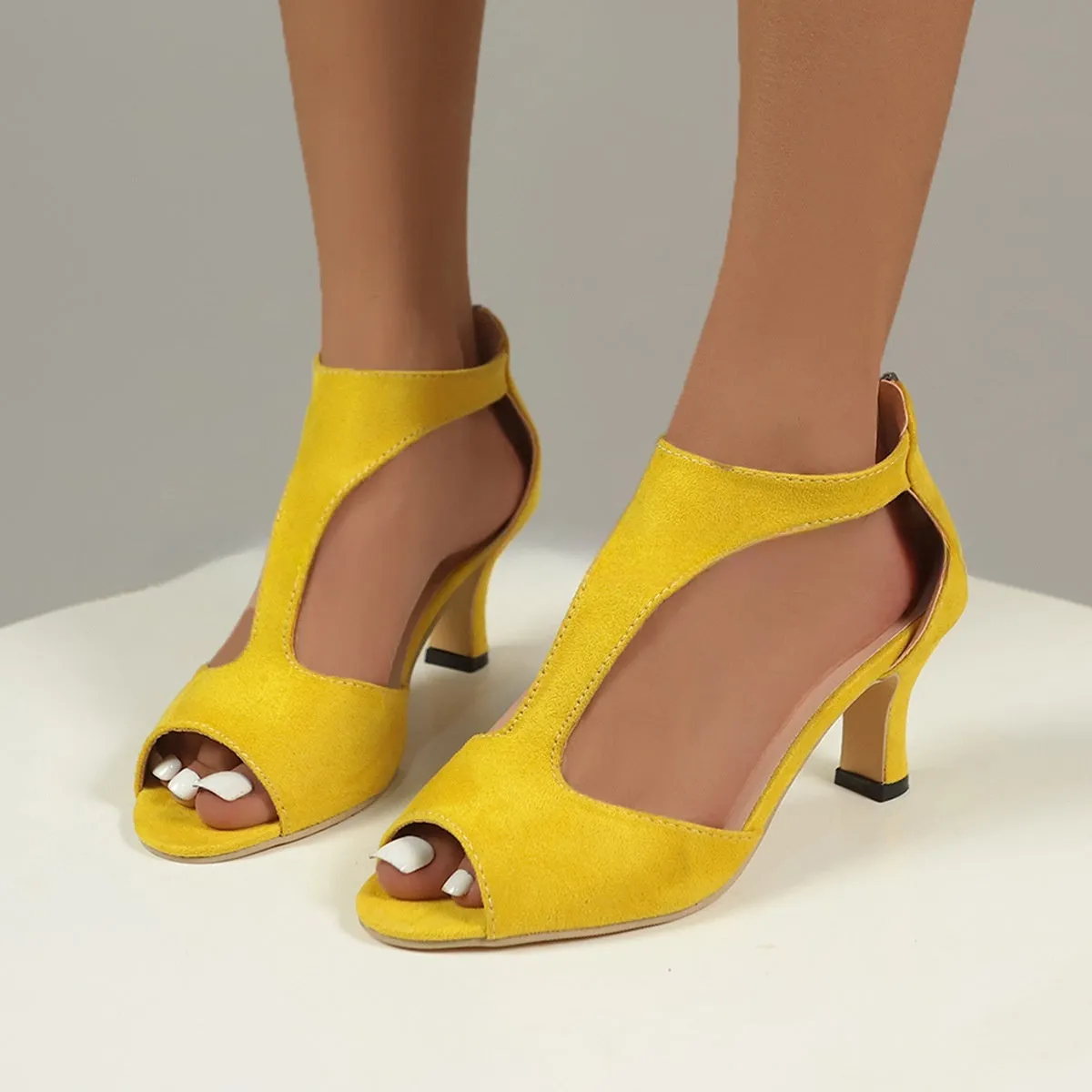 Women's high heel fish beak sandals with back zipper, cloth upper, available in multiple colours