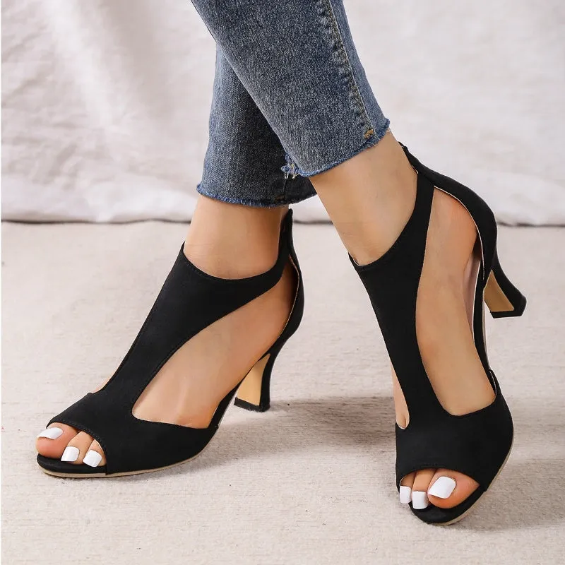 Women's high heel fish beak sandals with back zipper, cloth upper, available in multiple colours