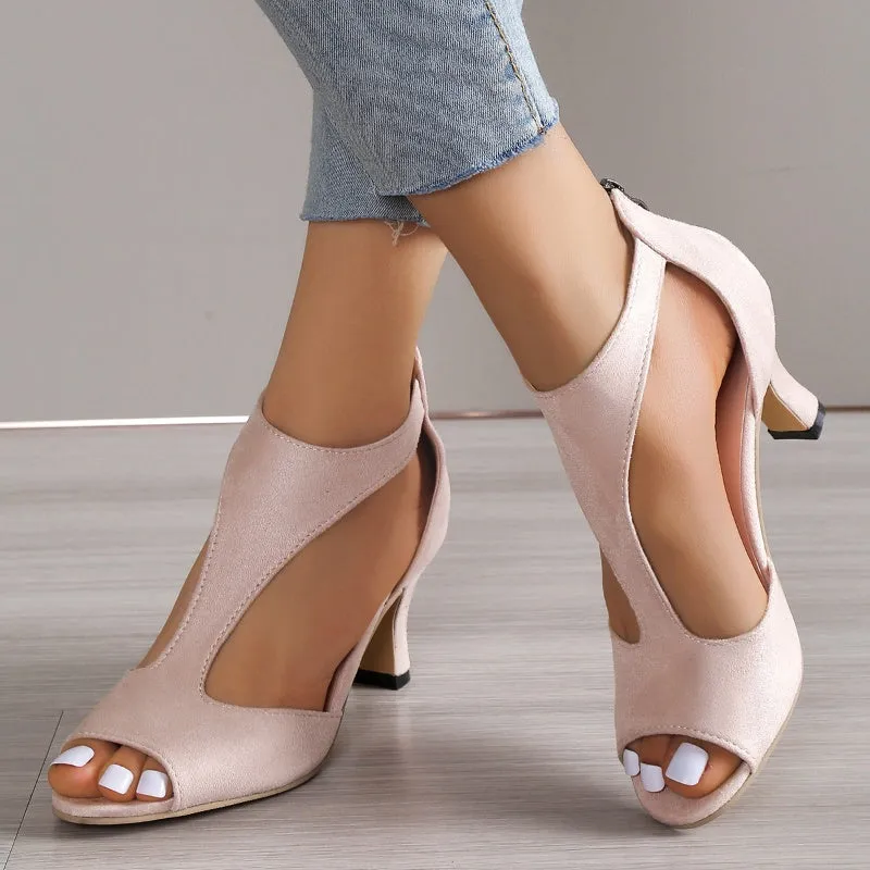 Women's high heel fish beak sandals with back zipper, cloth upper, available in multiple colours