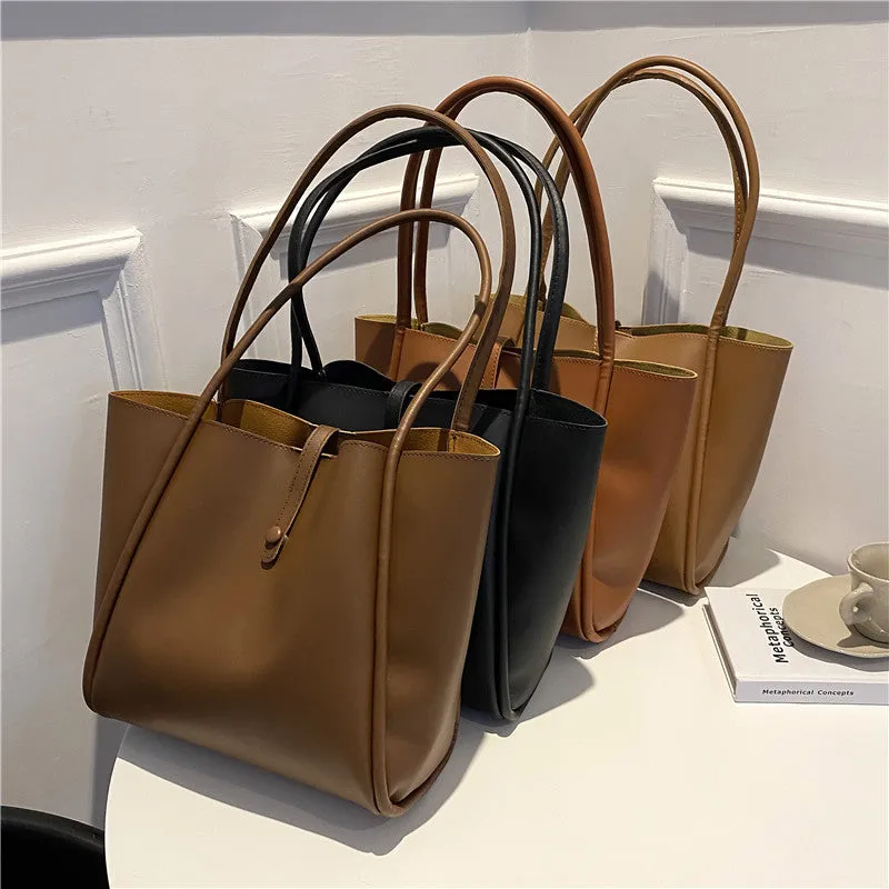 Casual large capacity solid colour tote bag for women with matching wallet in PU material
