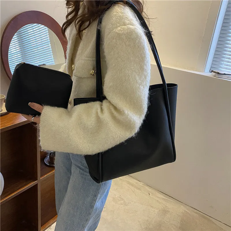 Casual large capacity solid colour tote bag for women with matching wallet in PU material