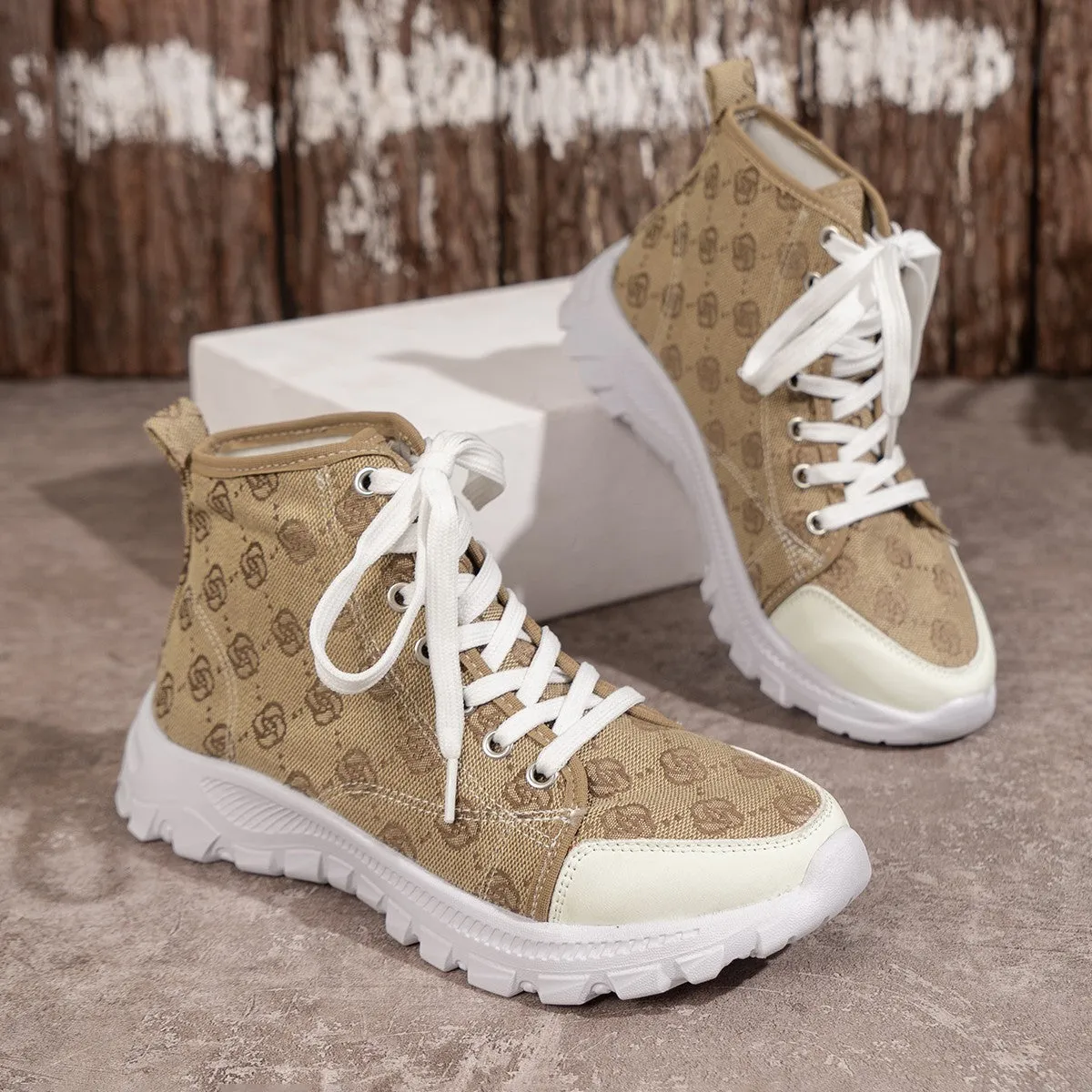 Women's rose print canvas lace-up boots with thick non-slip sole in black, pink, and khaki