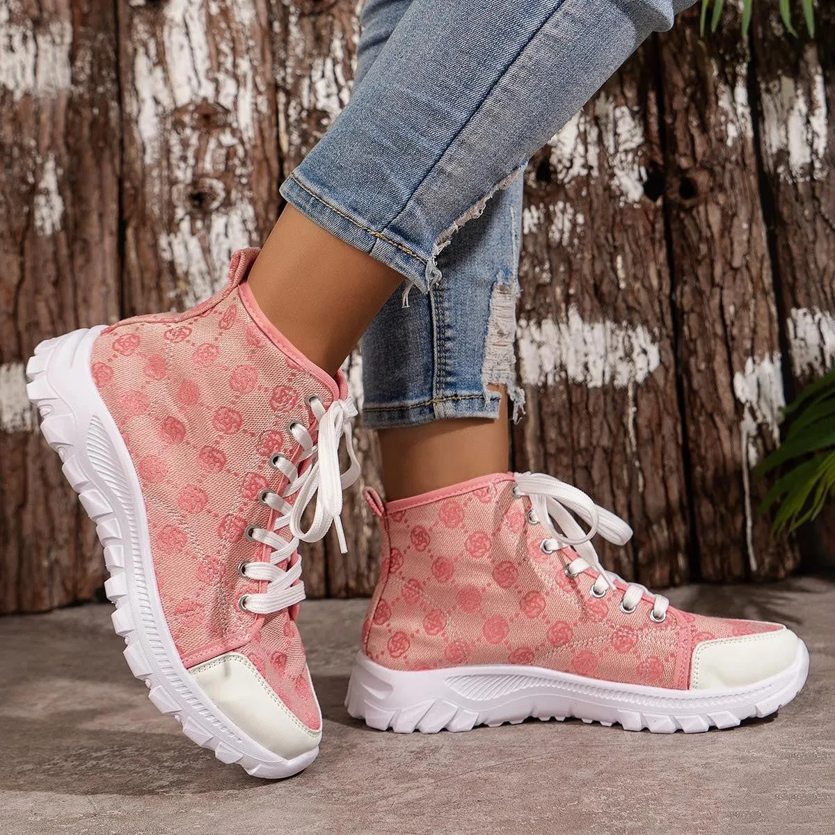 Women's rose print canvas lace-up boots with thick non-slip sole in black, pink, and khaki