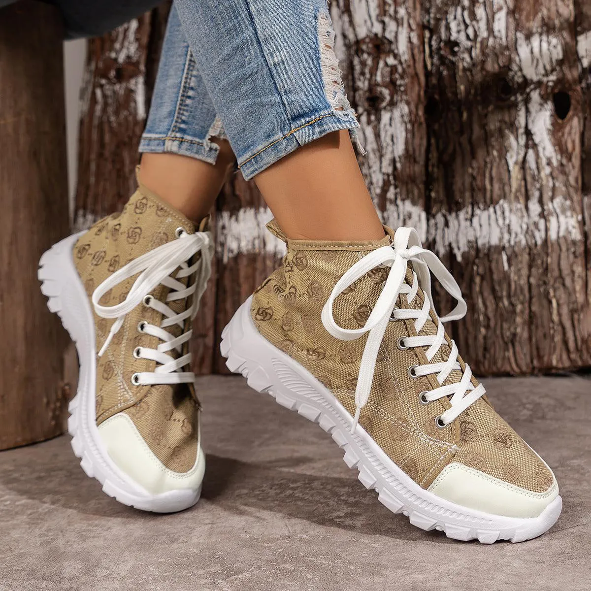 Women's rose print canvas lace-up boots with thick non-slip sole in black, pink, and khaki