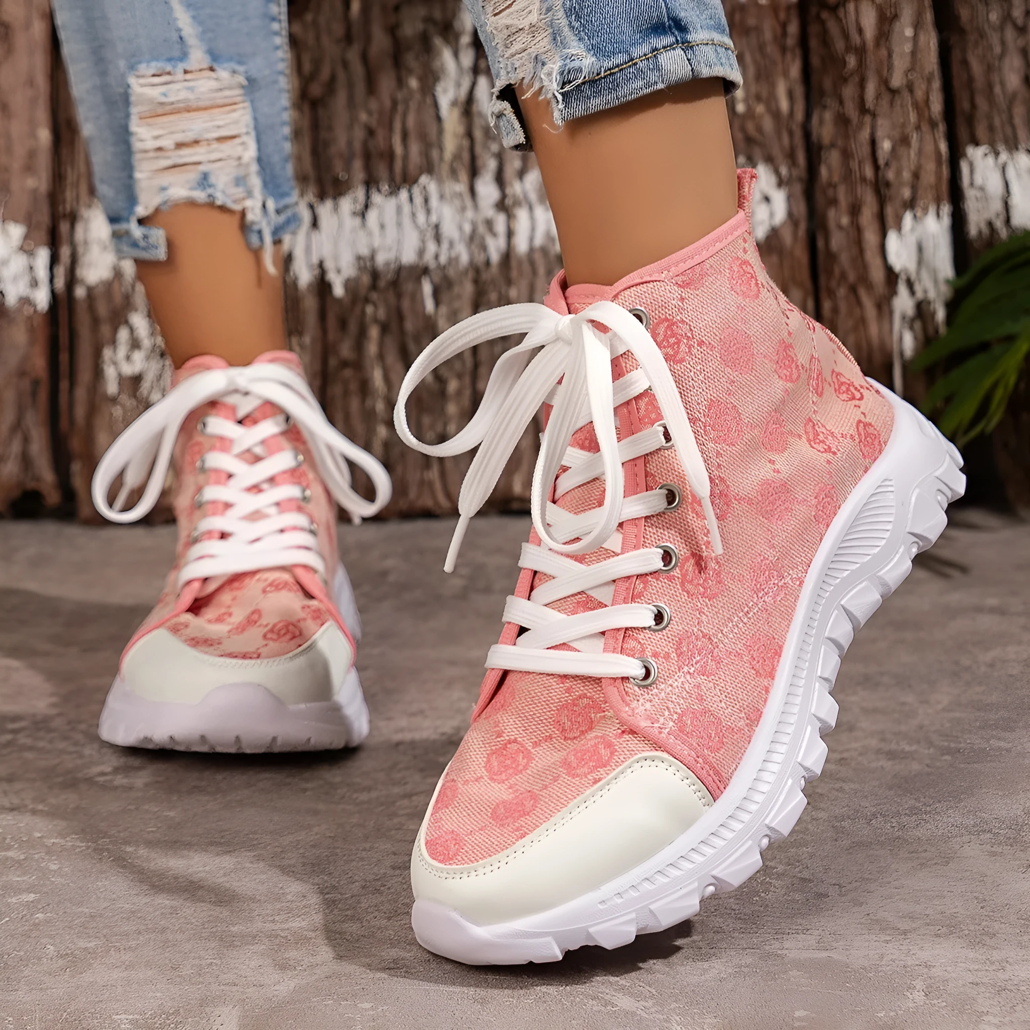 Women's rose print canvas lace-up boots with thick non-slip sole in black, pink, and khaki