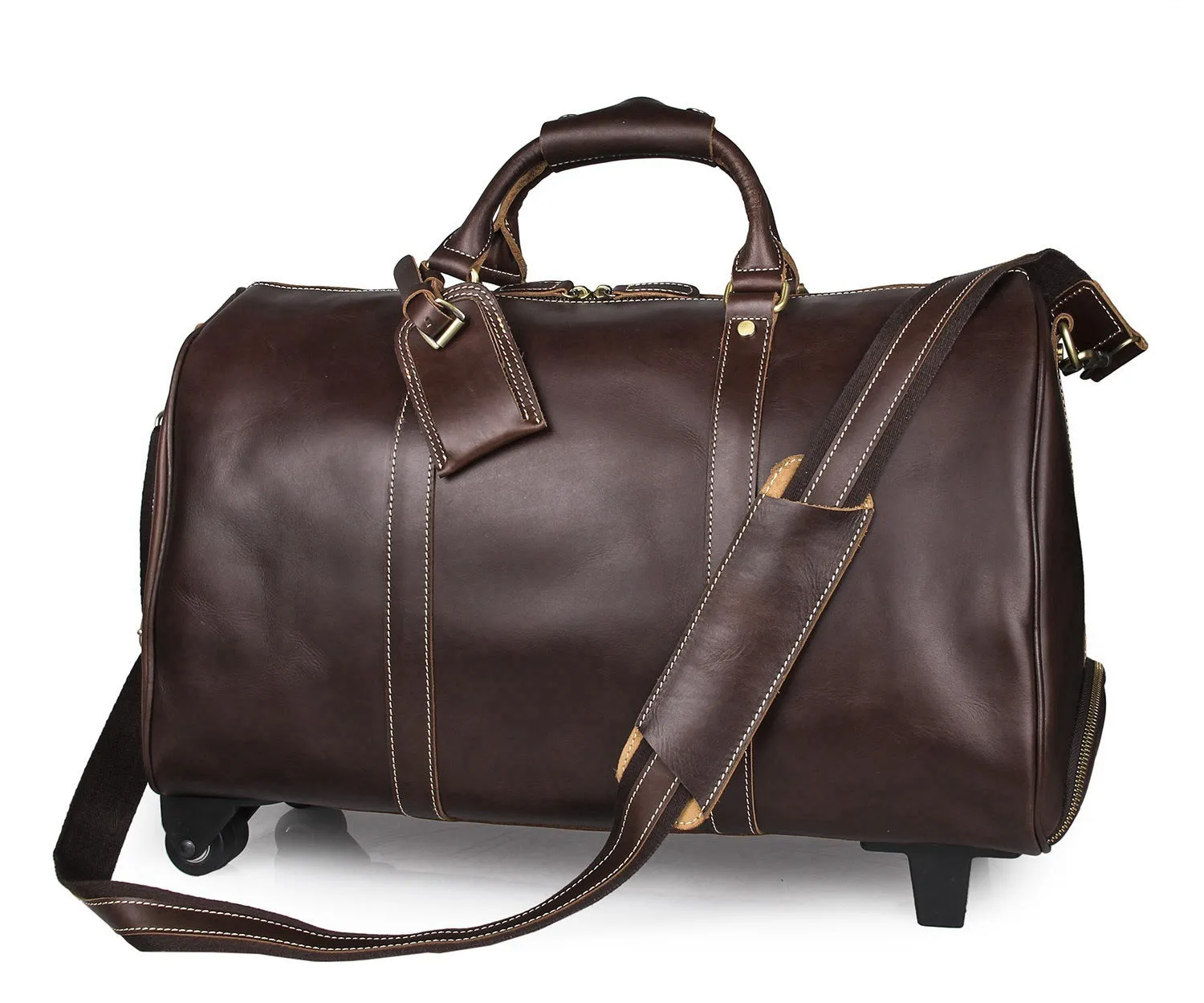 21 inch cowhide leather trolley bag in brown glossy finish, front view showing handle and wheels