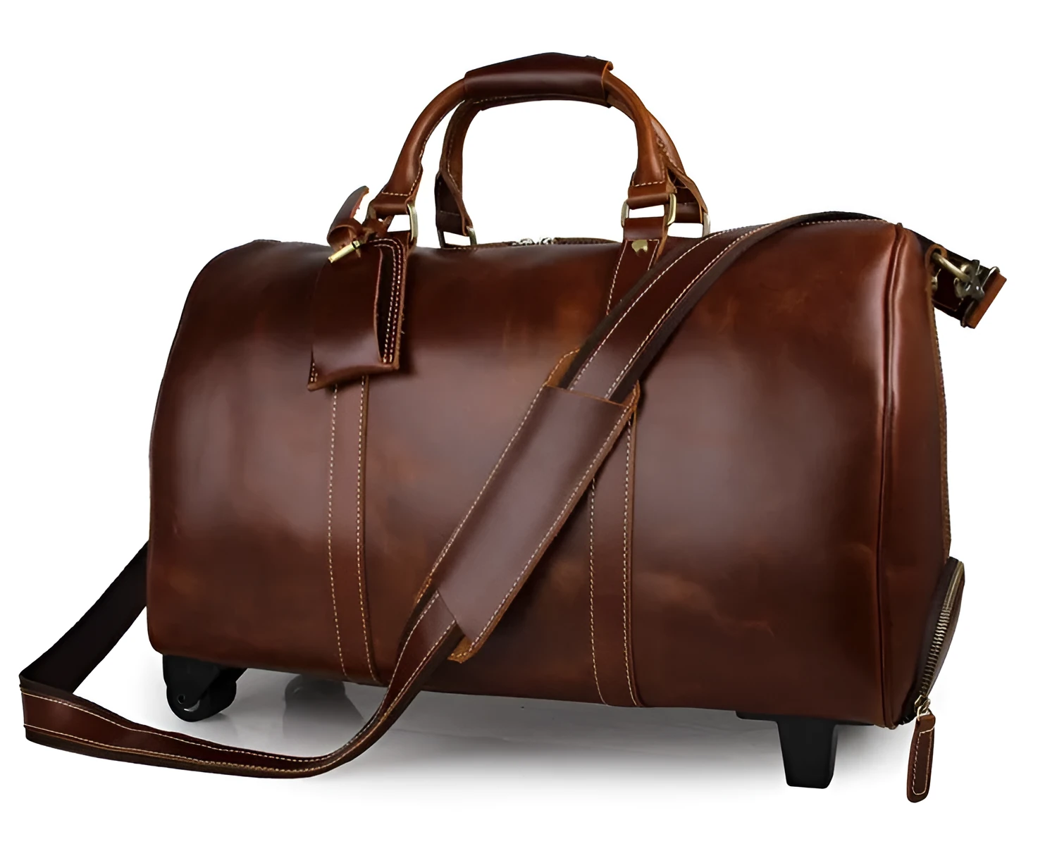 21 inch cowhide leather trolley bag in brown glossy finish, front view showing handle and wheels