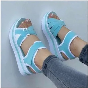 Women's bandage design platform sandals with one-line strap in light blue, PU upper, round toe, size 36-43