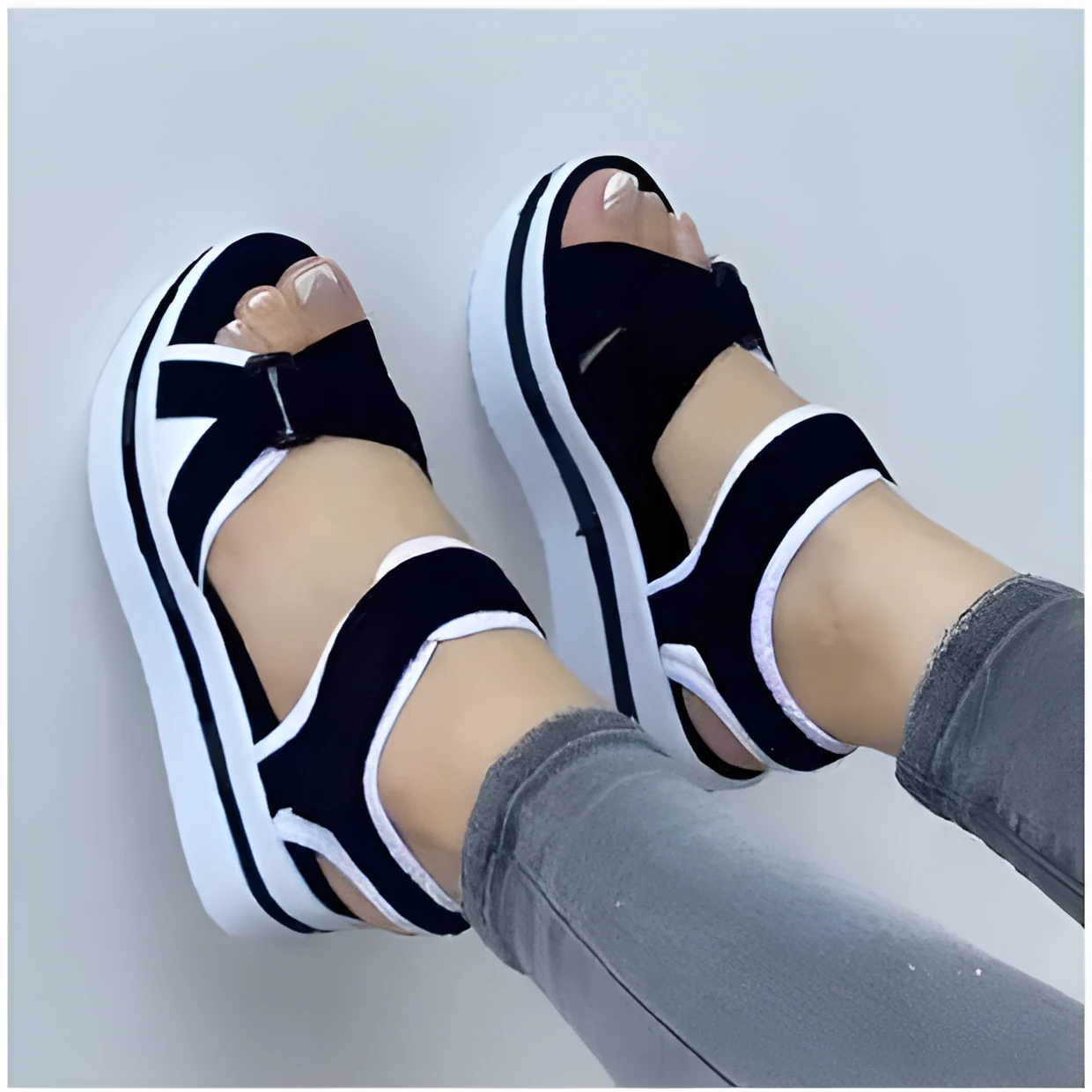 Women's bandage design platform sandals with one-line strap in light blue, PU upper, round toe, size 36-43