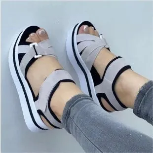 Women's bandage design platform sandals with one-line strap in light blue, PU upper, round toe, size 36-43