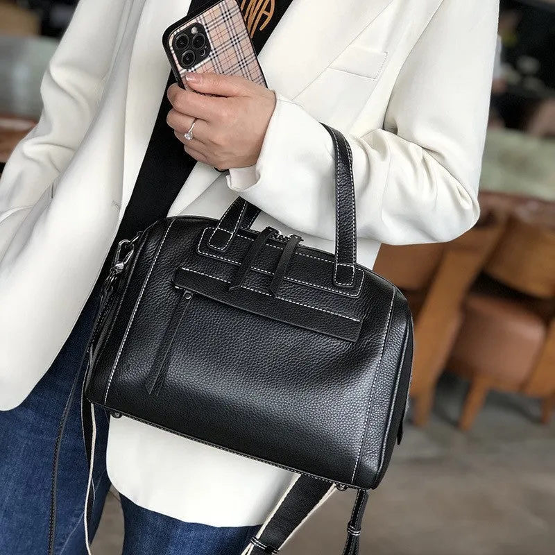 Boston Lychee Pattern Shoulder Messenger Bag in black genuine leather with internal organisation pockets