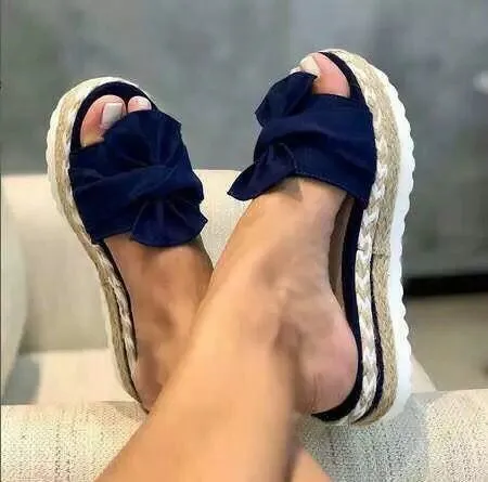 Women's bow detail platform sandals, low heel, artificial PU upper, rubber sole, available in multiple colours