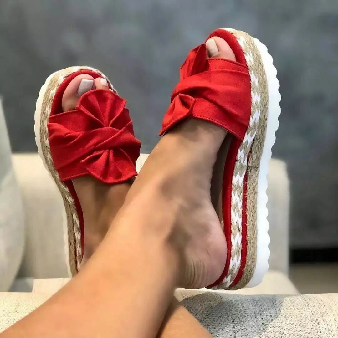 Women's bow detail platform sandals, low heel, artificial PU upper, rubber sole, available in multiple colours