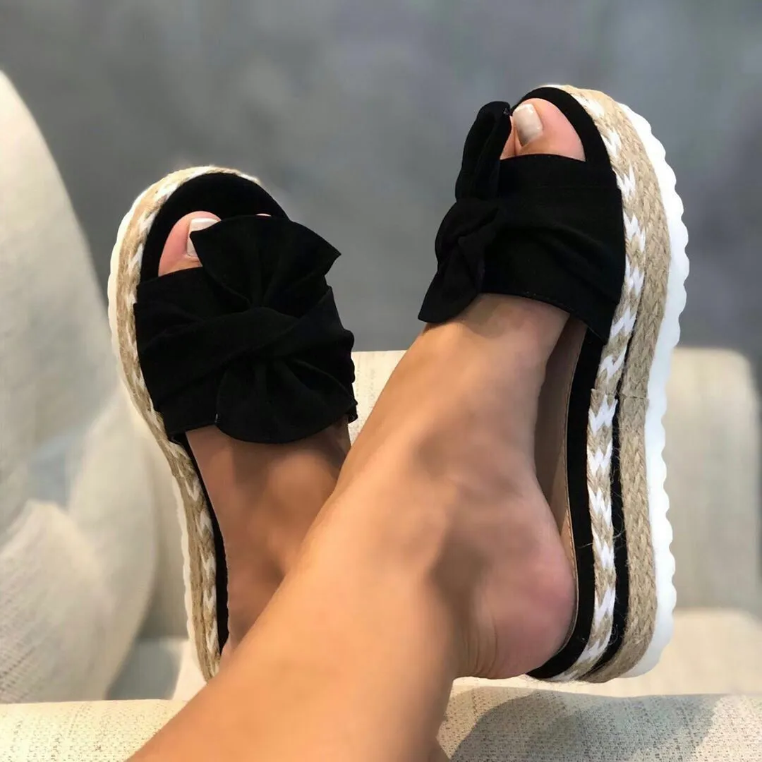 Women's bow detail platform sandals, low heel, artificial PU upper, rubber sole, available in multiple colours