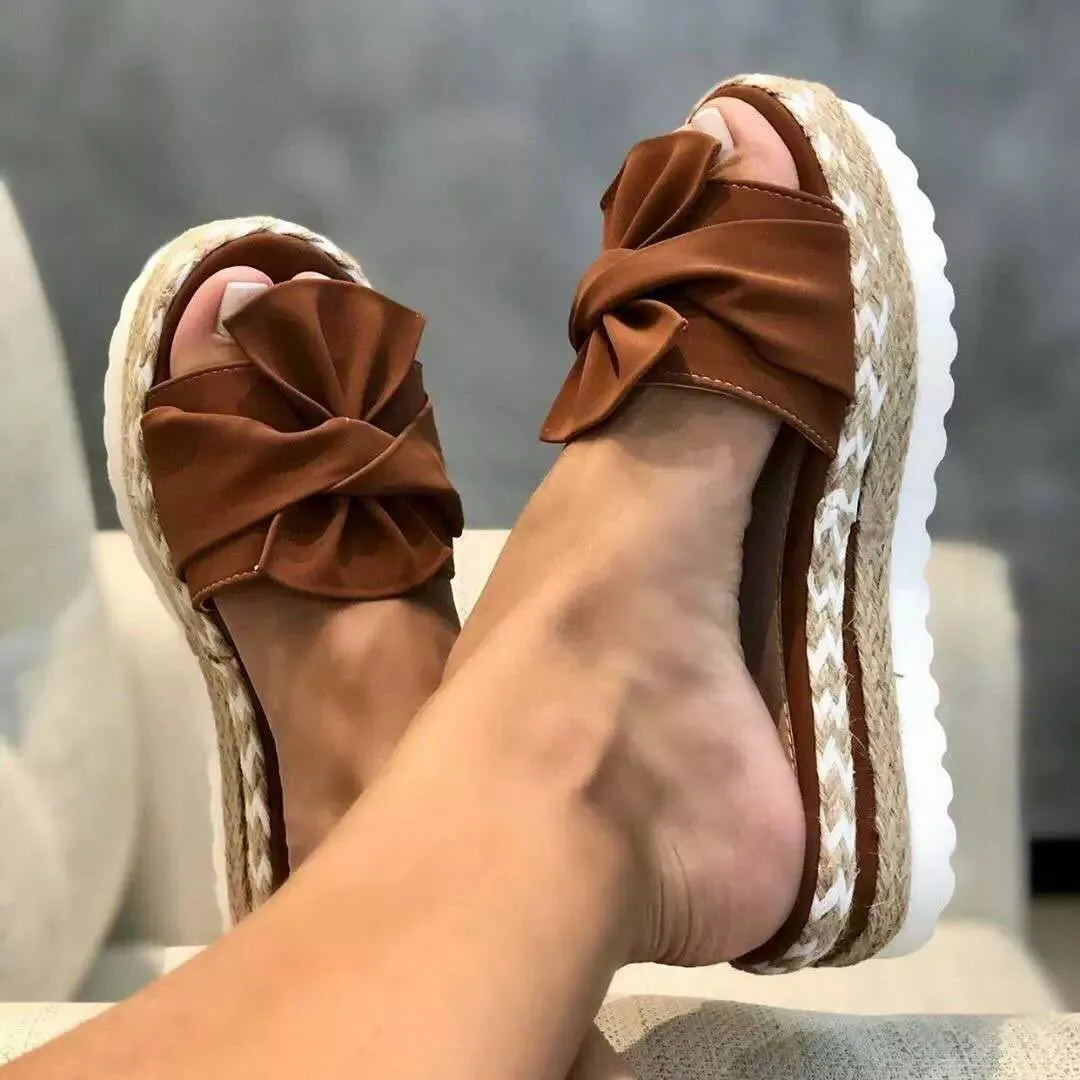 Women's bow detail platform sandals, low heel, artificial PU upper, rubber sole, available in multiple colours