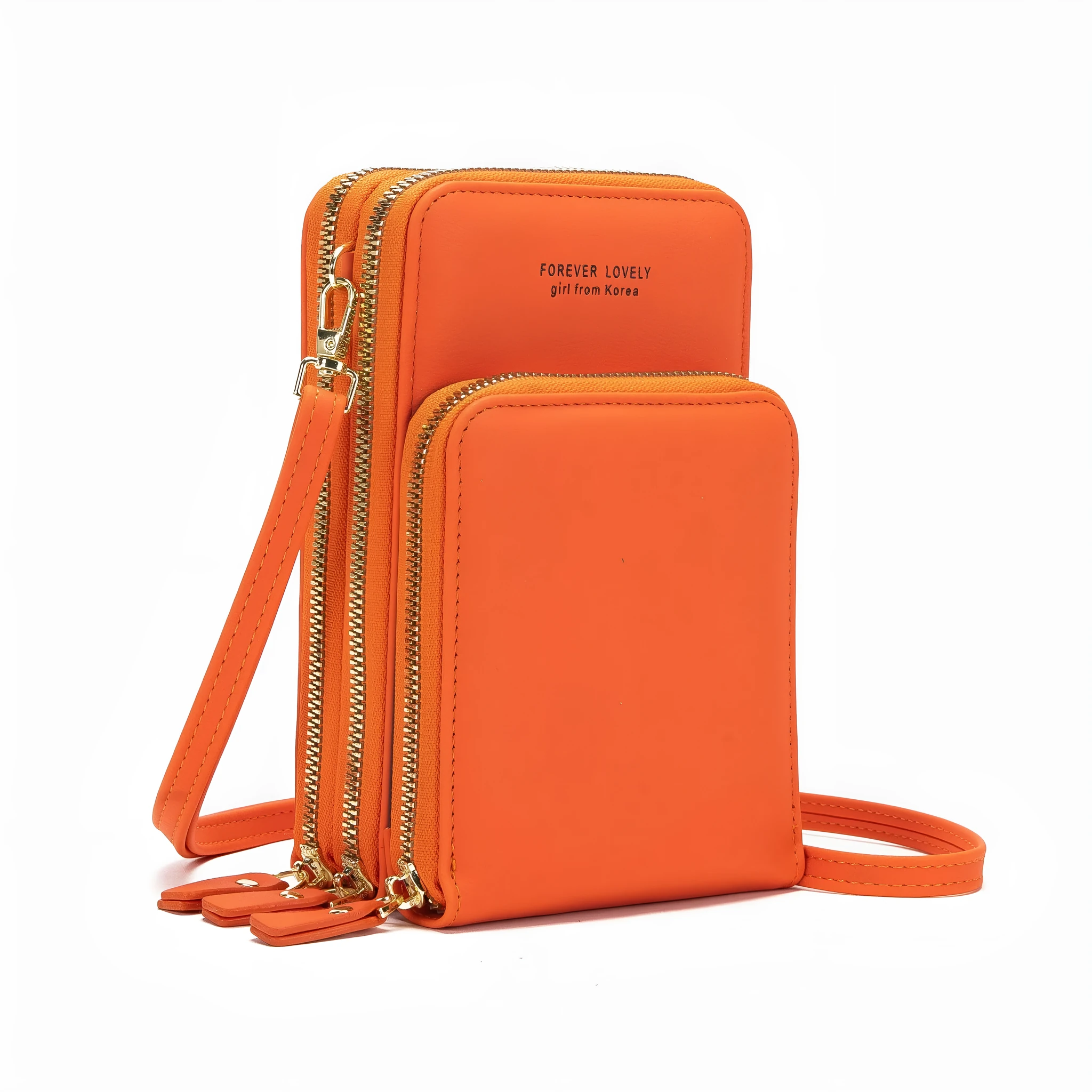 Green crossbody bag with tri-fold pockets and zipper closure on white background