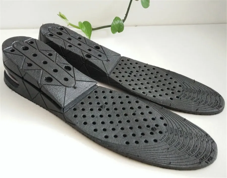 Black PVC height increase insoles with visible stacked layers, 27cm length, for men's shoe lifts