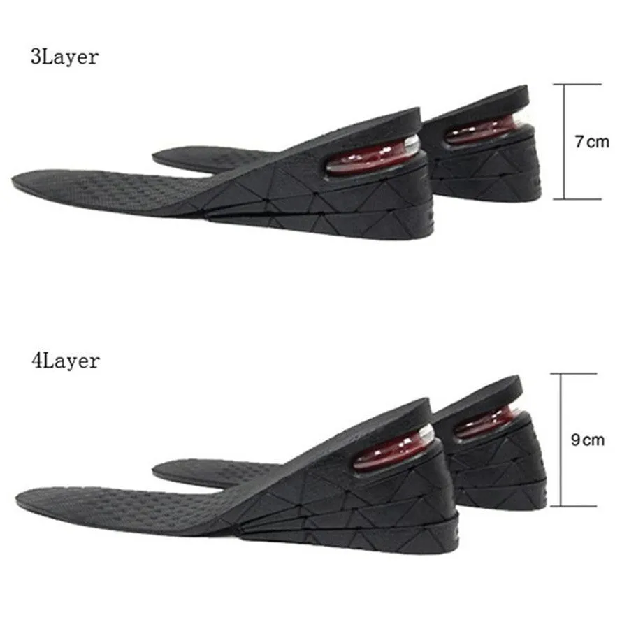 Black PVC height increase insoles with visible stacked layers, 27cm length, for men's shoe lifts