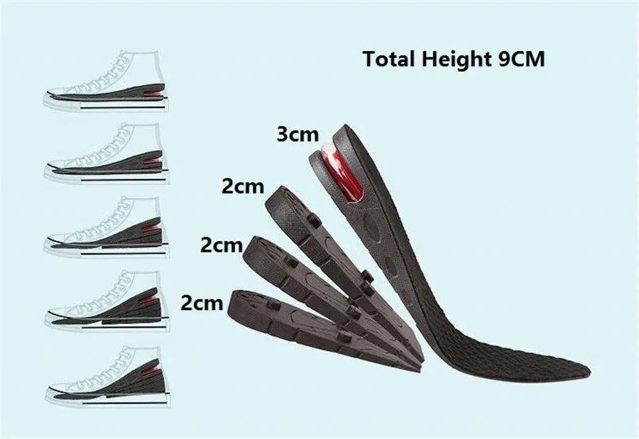 Black PVC height increase insoles with visible stacked layers, 27cm length, for men's shoe lifts
