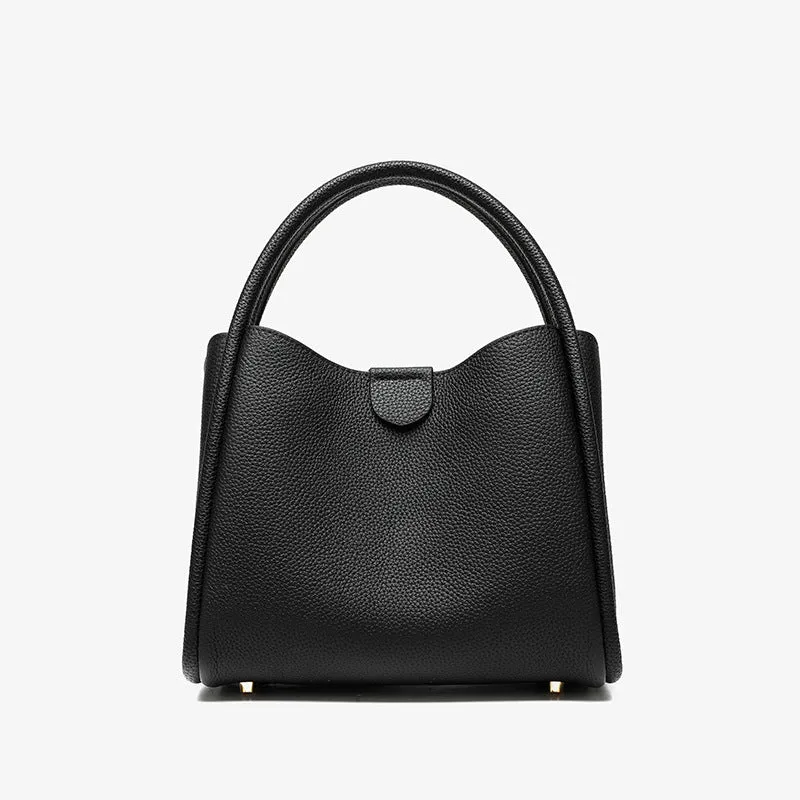 Genuine leather cylindrical handbag in black with open pocket and sewing thread detailing