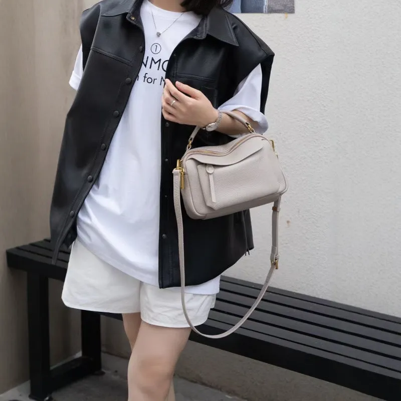 Genuine leather multi-compartment shoulder handbag in almond white with sewing thread detail and outer sandwich pocket