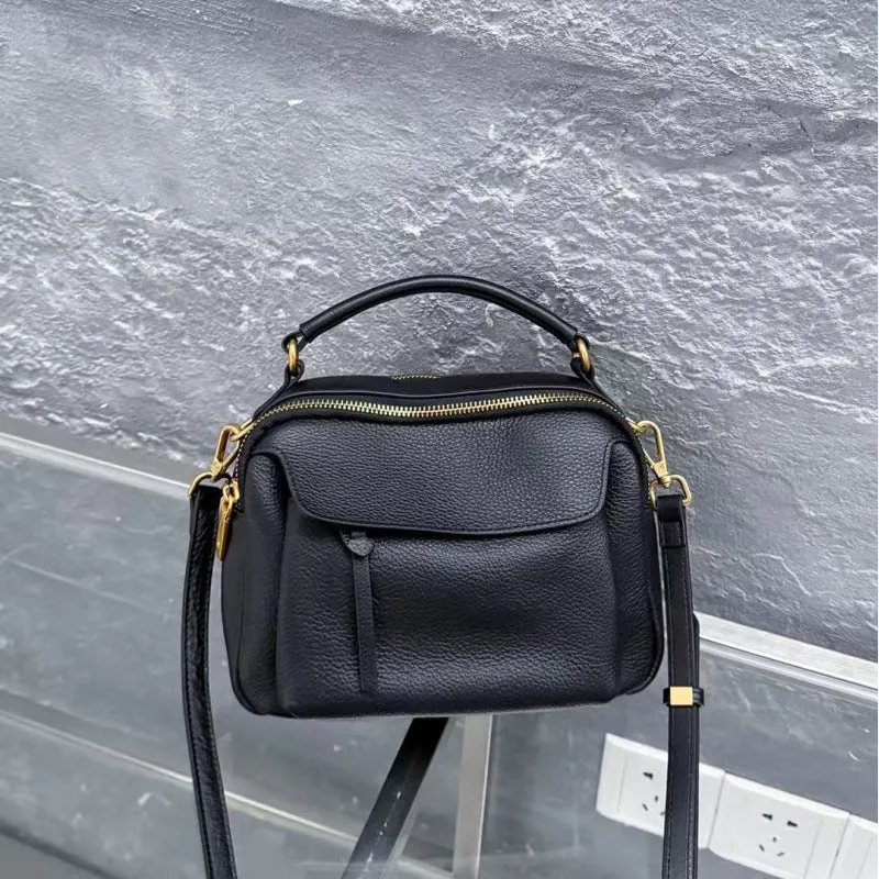 Genuine leather multi-compartment shoulder handbag in almond white with sewing thread detail and outer sandwich pocket