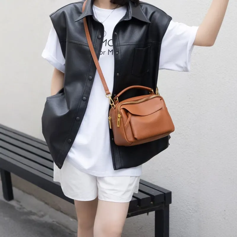 Genuine leather multi-compartment shoulder handbag in almond white with sewing thread detail and outer sandwich pocket
