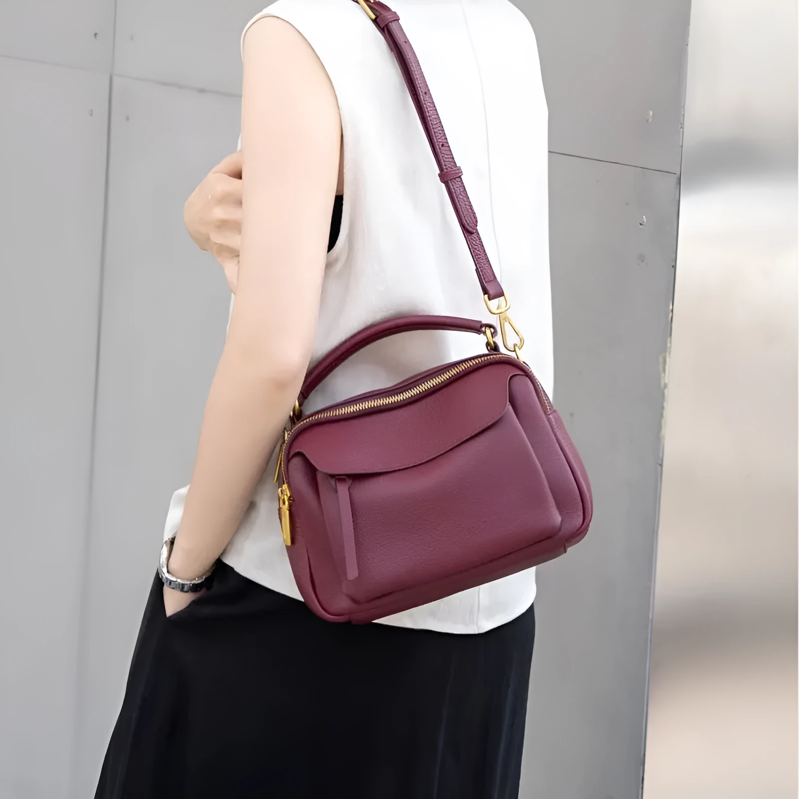 Genuine leather multi-compartment shoulder handbag in almond white with sewing thread detail and outer sandwich pocket
