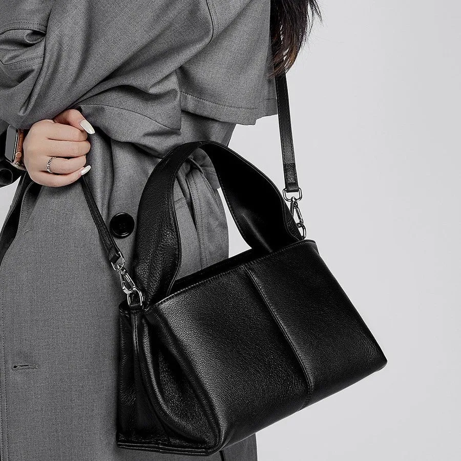 Female retro texture genuine leather messenger bag in horizontal square design with double shoulder straps