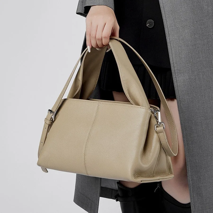 Female retro texture genuine leather messenger bag in horizontal square design with double shoulder straps