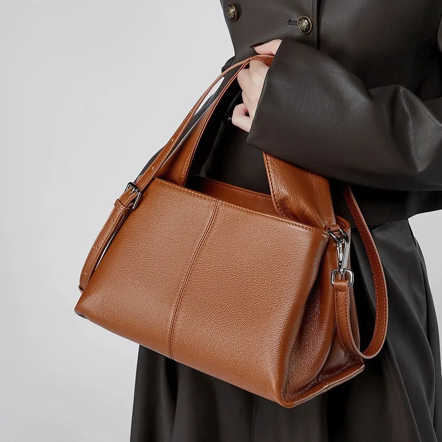 Female retro texture genuine leather messenger bag in horizontal square design with double shoulder straps