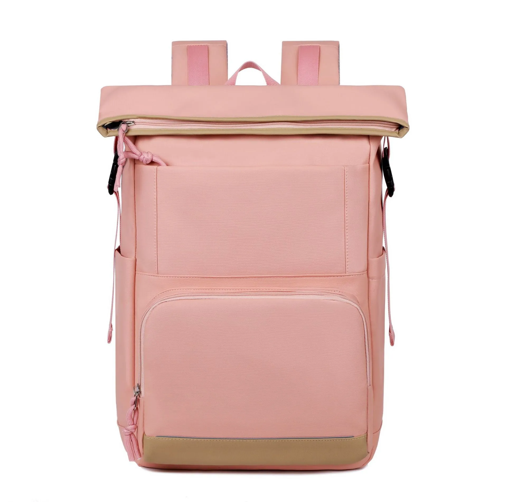 Unisex large capacity solid colour PU casual backpack in black, light gray, pink, and Milky White