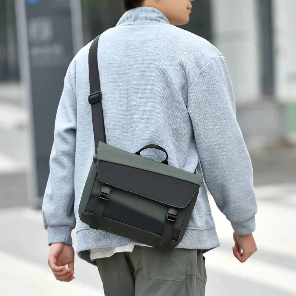 Men's black shoulder bag with large capacity, Derm material, visible sewing line detail, urban simplicity style