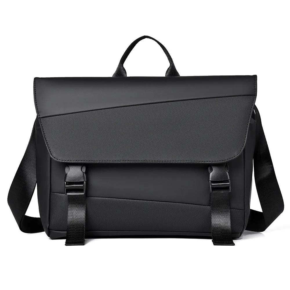 Men's black shoulder bag with large capacity, Derm material, visible sewing line detail, urban simplicity style