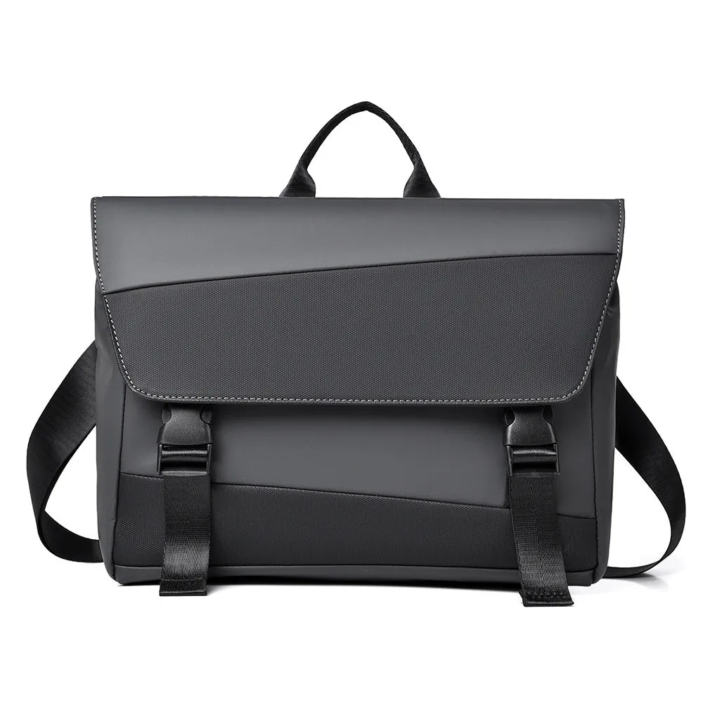 Men's black shoulder bag with large capacity, Derm material, visible sewing line detail, urban simplicity style