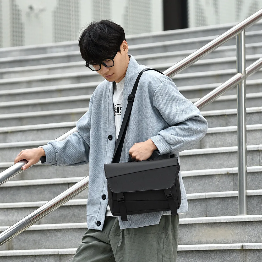 Men's black shoulder bag with large capacity, Derm material, visible sewing line detail, urban simplicity style