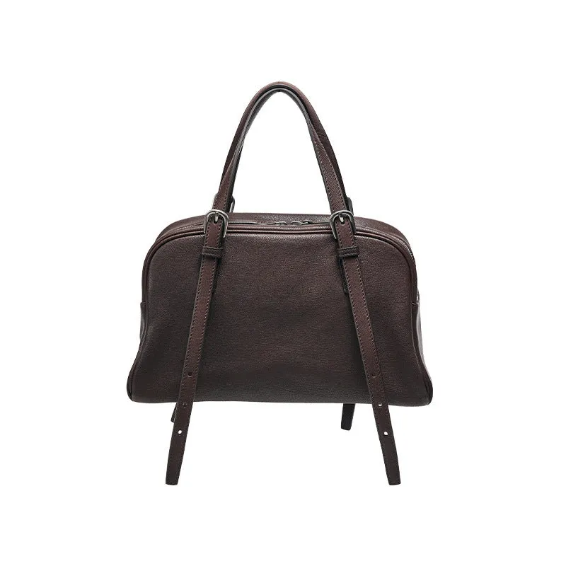 Women's retro style genuine leather shoulder bag in horizontal square shape with double straps