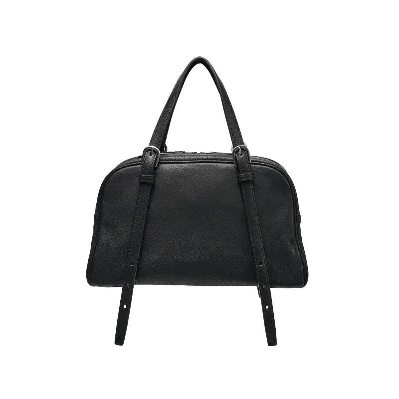 Women's retro style genuine leather shoulder bag in horizontal square shape with double straps